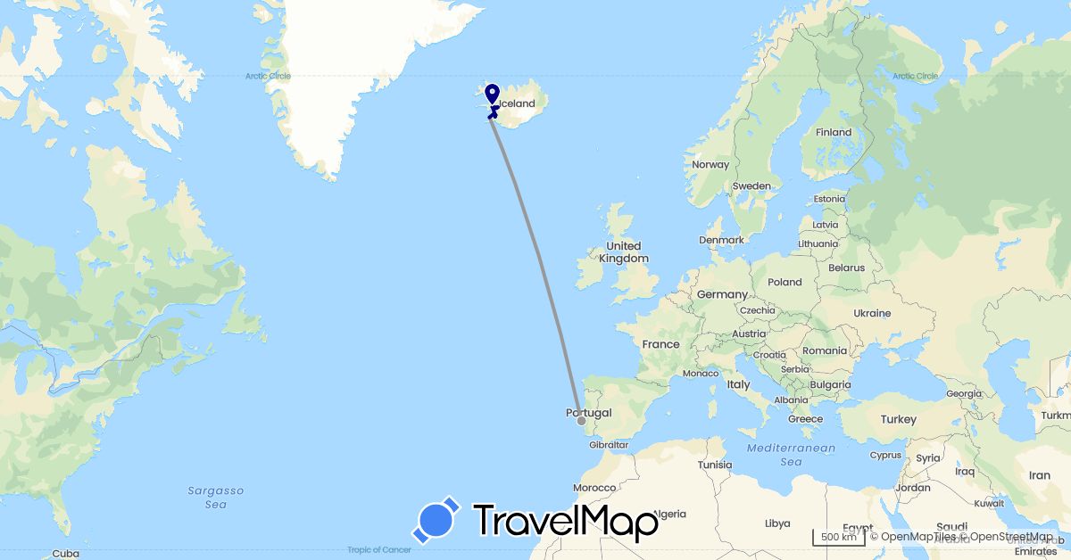 TravelMap itinerary: driving, plane in Iceland, Portugal (Europe)